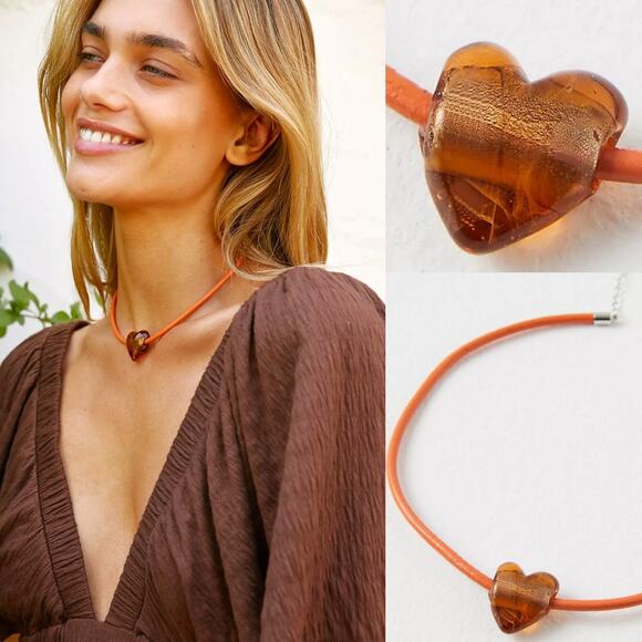 Free People Under the Sea Collar Orange NWT Choker Glass Heart Pendant Bohemian - Picture 2 of 11